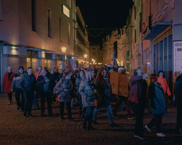 Hundreds of demonstrators march through downtown Zwickau on Mondays every week.