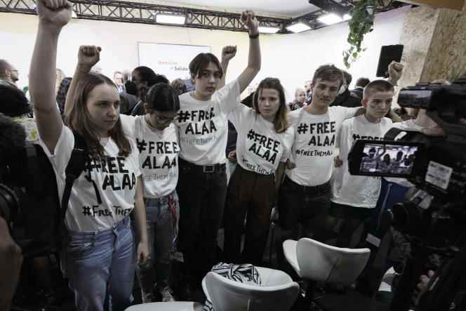 An action calling for the release of Alaa Abdel Fattah, during the COP27 on climate, in Sharm-El-Sheikh, Egypt, Tuesday, November 8.