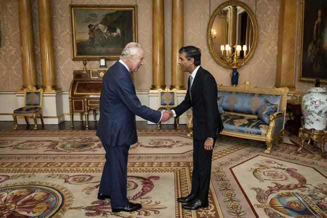 King Charles III  greets Rishi Sunak during an audience at Buckingham Palace on Tuesday.