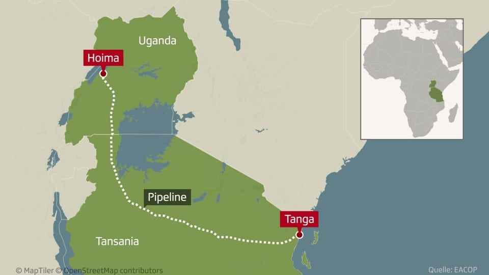The pipeline is marked on a map.  On it you can see the countries of Tanzania and Uganda.