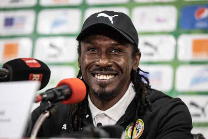 Senegal football team coach Aliou Cissé during a press conference in Dakar on November 11, 2022, before leaving for the World Cup in Qatar.