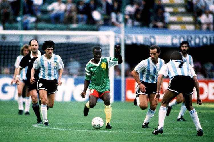 The start of the World Cup high in 1990: Cameroon, with Roger Milla coming on as a substitute in the 81st minute, defeated Argentina and Diego Maradona 1-0.