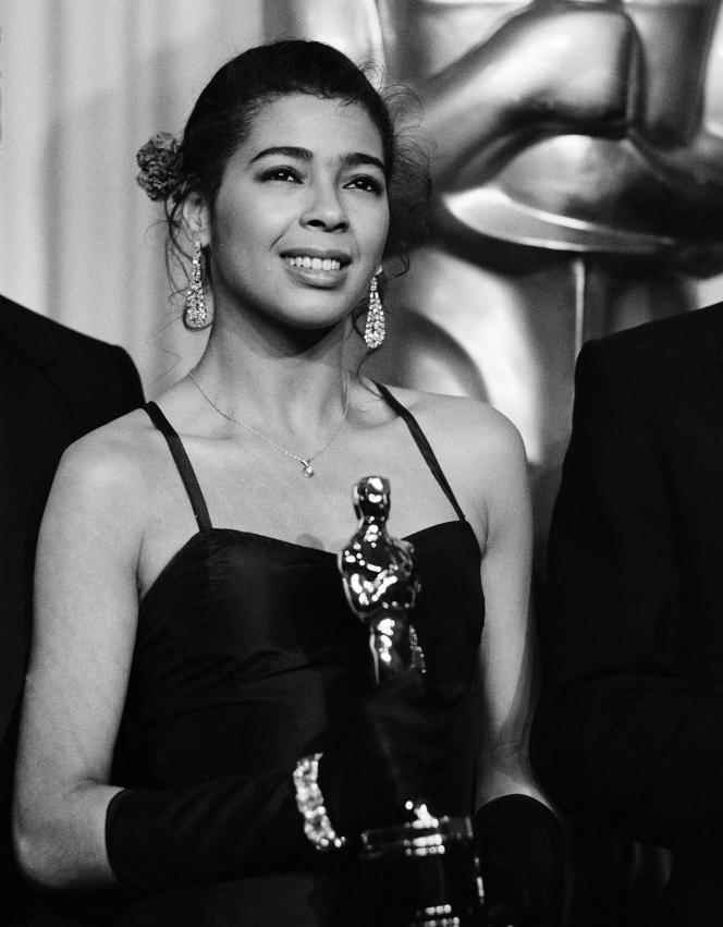 Irene Cara receives the Oscar for Best Original Song in Los Angeles on April 9, 1984.