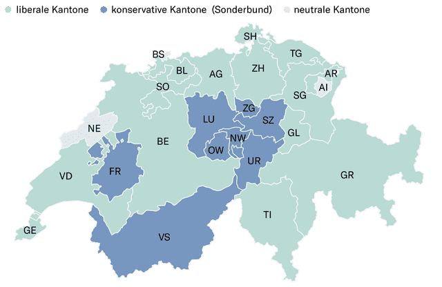 Der Sonderbundskrieg in der Schweiz 1847 - Gebiete der beiden Konfliktparteien