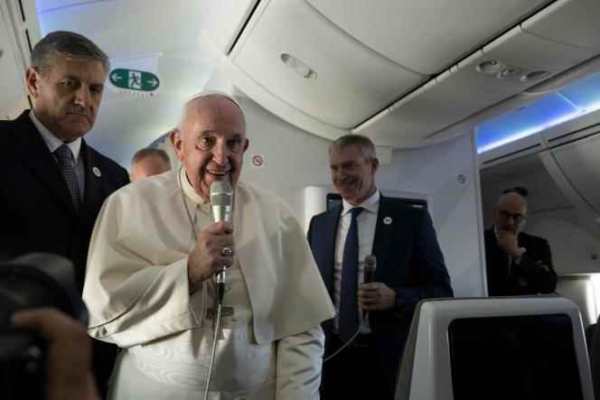 Pope Francis answers questions from journalists during the flight back to Rome, after his apostolic trip to Bahrain, November 6, 2022.