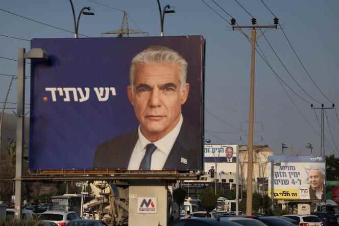 An election poster of Yesh Atid party leader Yair Lapid in Tel Aviv on October 27, 2022, ahead of the November general election.