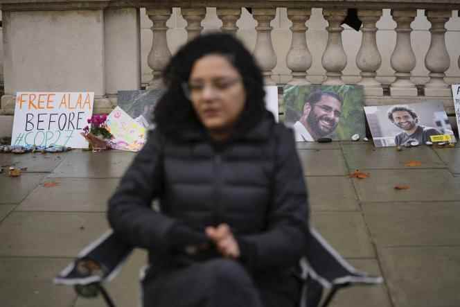 Sanaa Seif, sister of Egyptian activist Alaa Abdel-Fattah, holds a sit-in protest outside the Foreign Office in London, UK, November 1, 2022.