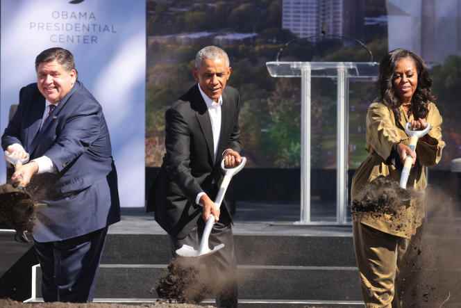 In this Sept. 18, 2021, photo, Barack Obama (center), his wife Michelle Obama, and Illinois Governor JB Pritzker attend the groundbreaking ceremony for the 'Obama Presidential Center,' in Chicago.