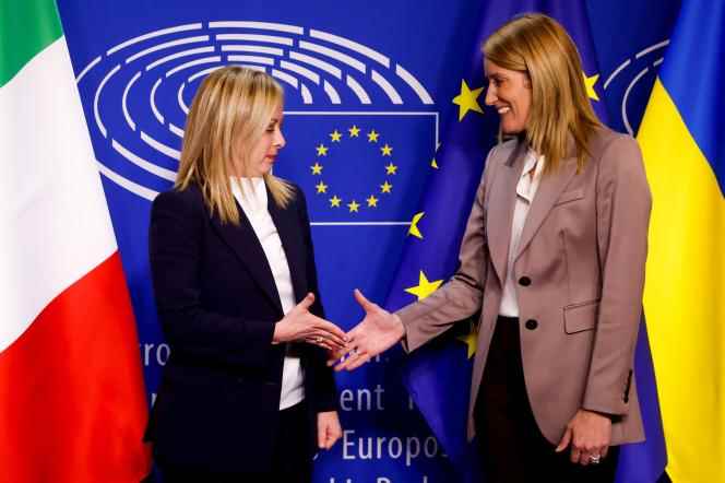 Italian Council President Giorgia Meloni and European Parliament President Roberta Metsola at the European Parliament in Brussels on November 3, 2022. 