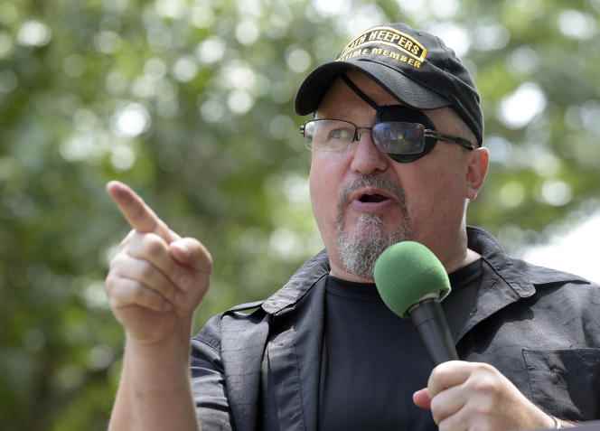 Stewart Rhodes, founder of the Oath Keepers militia, speaks during a rally outside the White House in Washington on June 25, 2017.