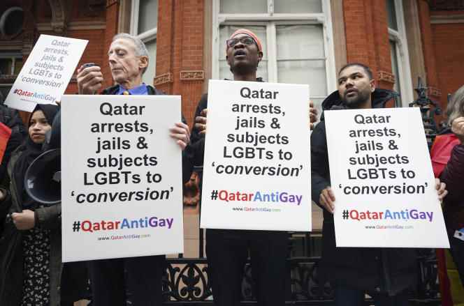 British activists protest against Qatar's crackdown on LGBT+ people, in London, November 19, 2022.
