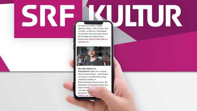 Two hands are holding a tablet, behind them is SRF Kultur.