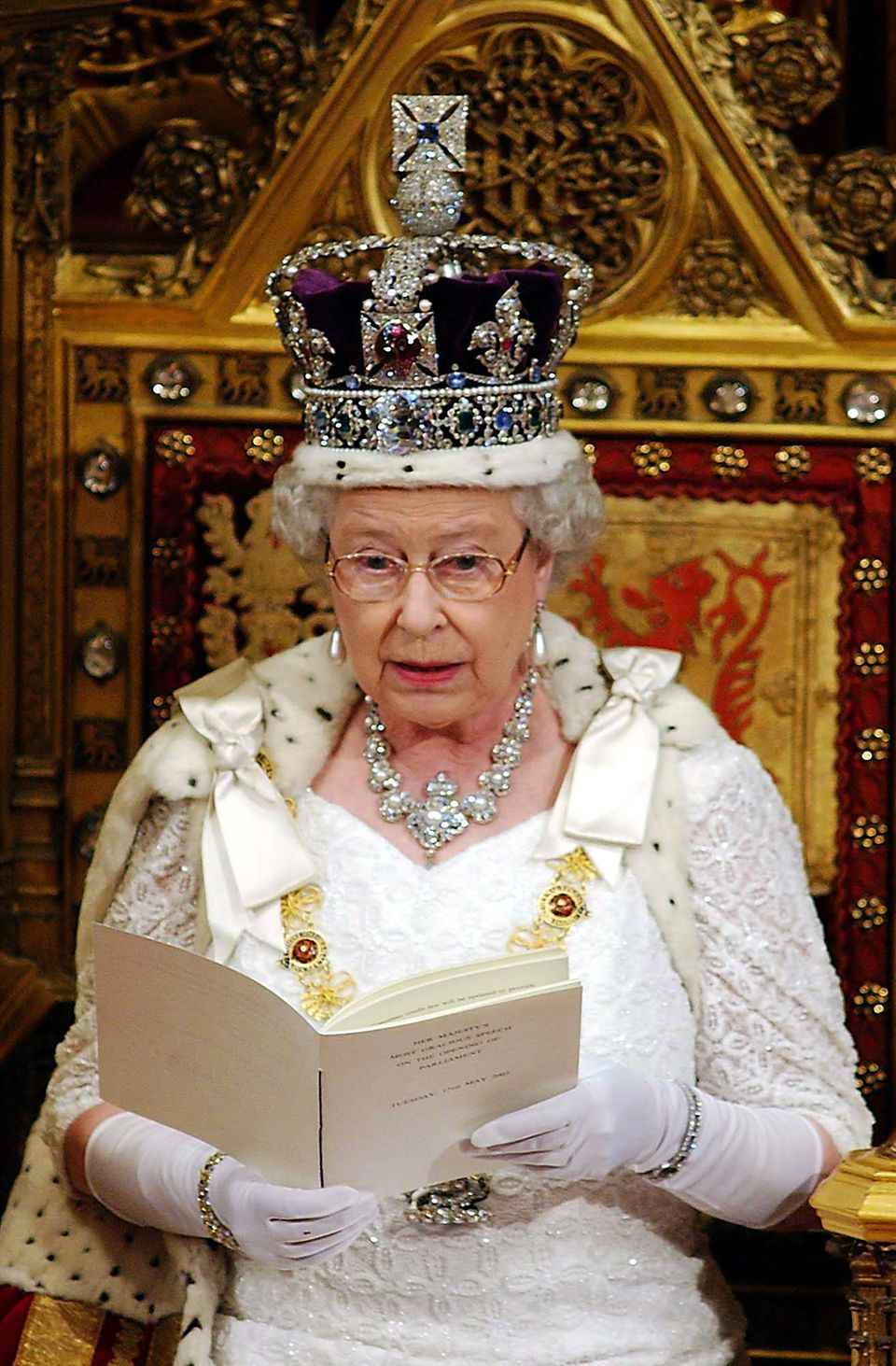 Queen Elizabeth II with the Imperial State Crown at the State Opening of Parliament. 