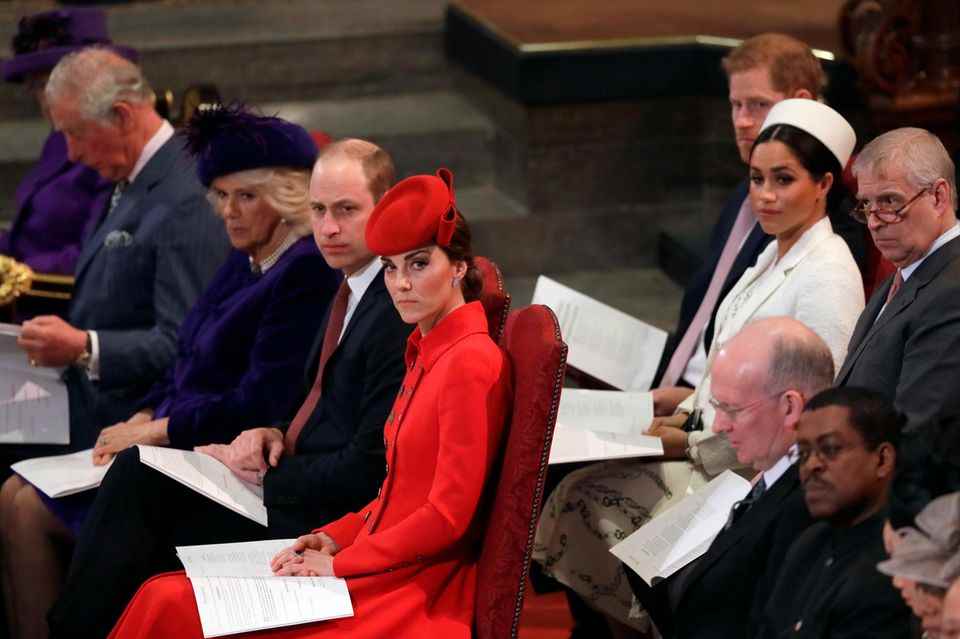 King Charles, Queen Camilla, Prince William, Catherine, Princess of Wales, Prince Harry, Duchess Meghan and Prince Andrew attend the Commonwealth Service at Westminster Abbey on March 11, 2019 in London, England. 