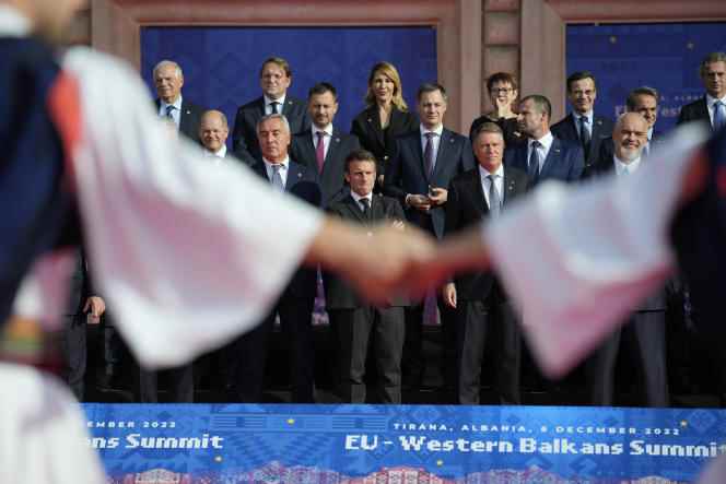 French President Emmanuel Macron at the EU-Western Balkans summit on December 6, 2022 in Tirana (Albania).