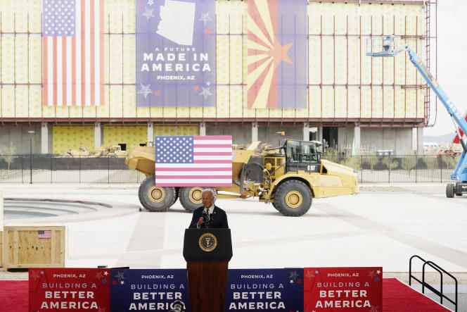 U.S. President Joe Biden breaks ground on a chip manufacturing facility by world leader Taiwanese TSMC in Phoenix on December 6, 2022.