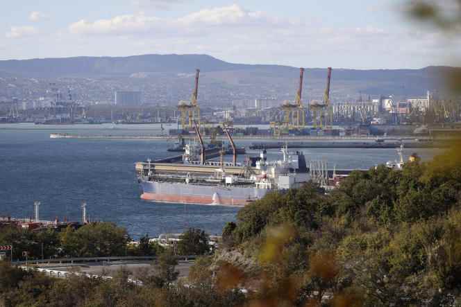 A Russian tanker waits in the port of Novorossiysk on the Black Sea coast of Russia on October 11, 2022.