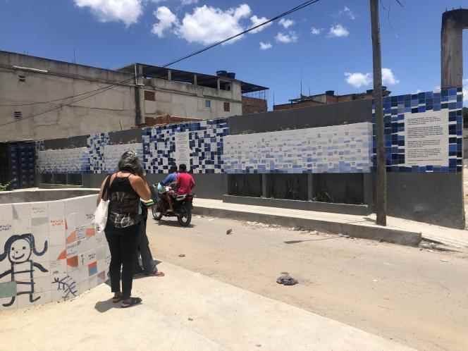 The 'azulejos' panels of the Memorial to Victims of Gun Violence in the Maré favela complex in Rio de Janeiro.