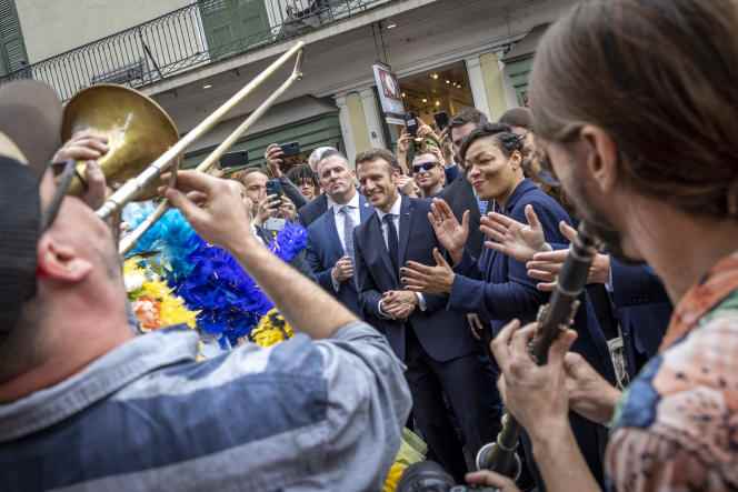Emmanuel Macron alongside New Orleans Mayor LaToya Cantrell in the French Quarter, New Orleans, December 2, 2022.
