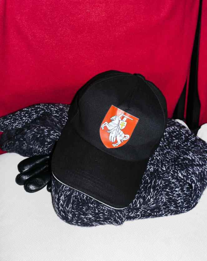 The cap of a Belarusian, a political refugee in Poland since 2021, in Warsaw, February 18, 2022. On the cap is represented the 