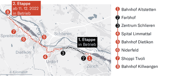 The route of the Limmattalbahn - opening on December 11th, 2022