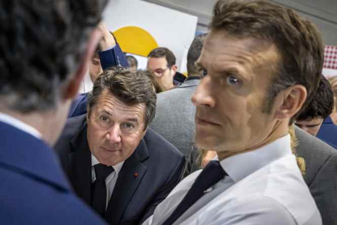 Christian Estrosi, Mayor of Nice, and Emmanuel Macron visit the Mayors and Local Authorities Fair at Porte de Versailles, in Paris, on November 23, 2022.