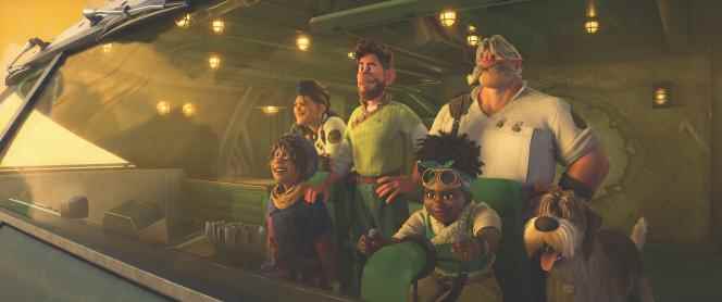 Left to right, from top: Callisto Mal, leader of Avalonia (voiced by Lucy Liu);  farmer and family man Searcher Clade (voiced by Jake Gyllenhaal);  inveterate explorer and Searcher's father, Jaeger Clade (voiced by Dennis Quaid);  pilot and mother Meridian Clade (voiced by Gabrielle Union) and youngest Clade, son of Searcher and Meridian, Ethan (voiced by Jaboukie Young-White).