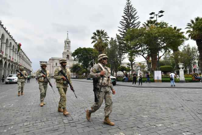Soldiers patrol the streets of Arequipa after the establishment of the state of emergency, December 14, 2022.