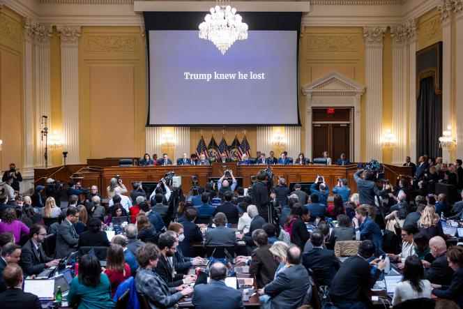 The House Committee of Inquiry into the Jan. 6, 2021, assault on the Capitol during their final meeting, in the Cannon House Office Building in Washington, Dec. 19, 2022.  