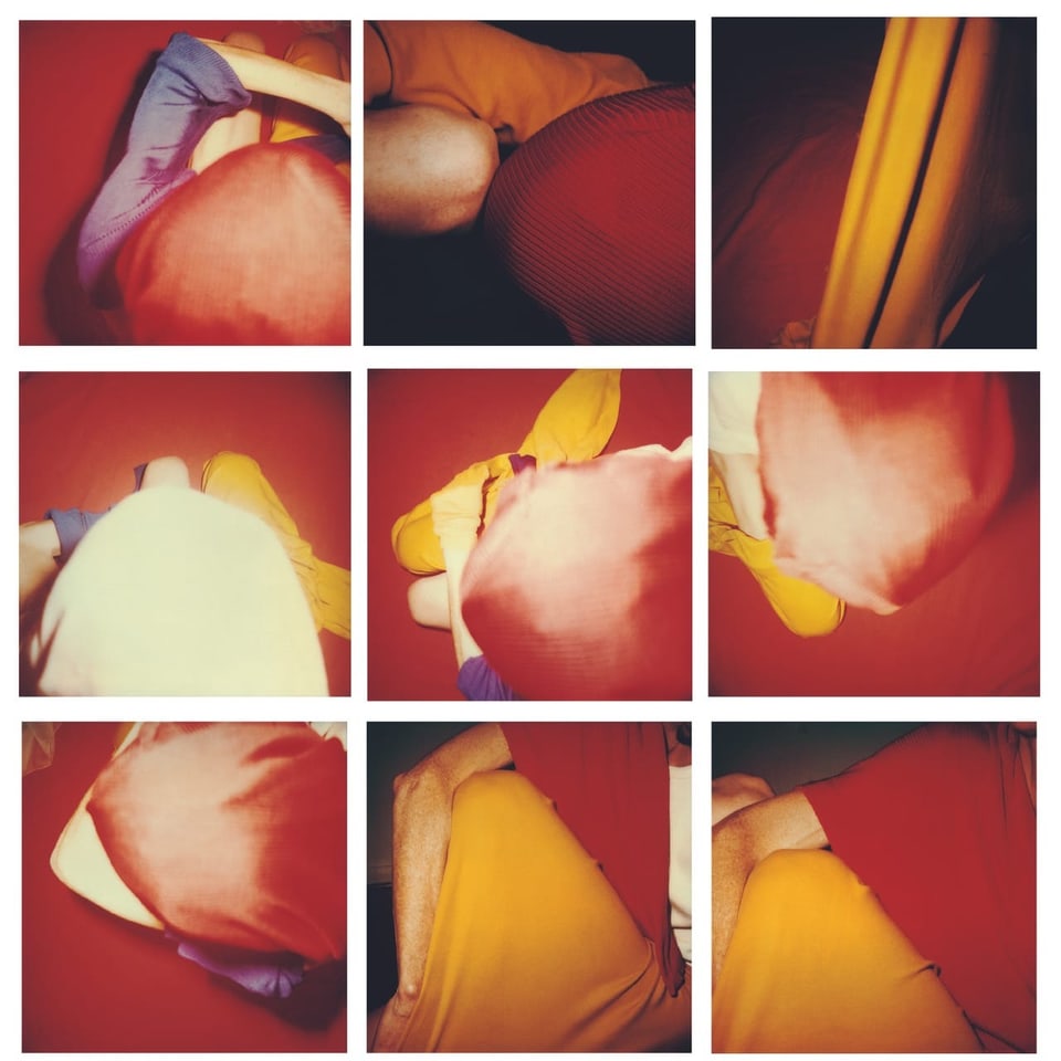 nine tiled photographs in orange and red, close-ups of knees and arms.
