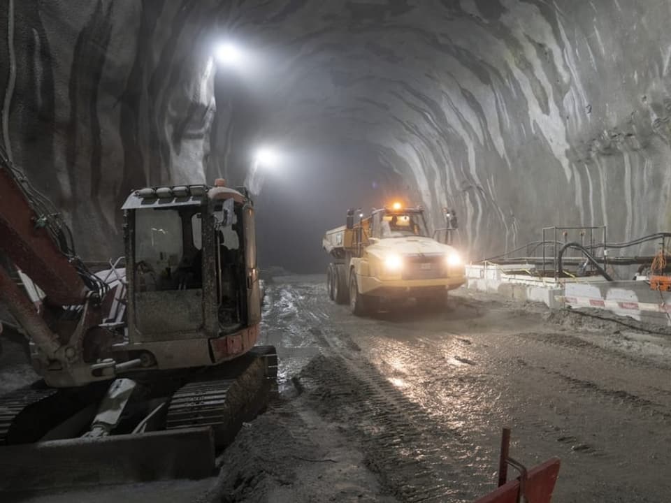 Construction machine in the access tunnel for the second Gotthard road tunnel.