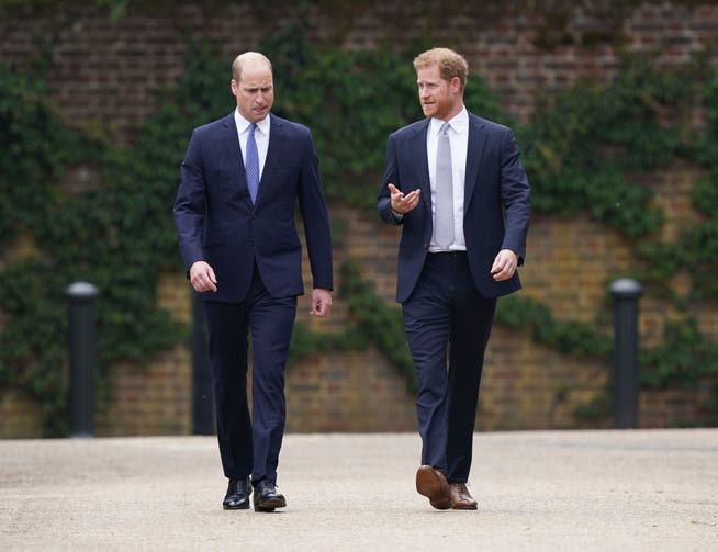 Prince William (left) and Prince Harry arrive for the unveiling of a statue of their mother Diana in the garden of Kensington Palace on July 1, 2021, on the day she would have celebrated her 60th birthday. 
