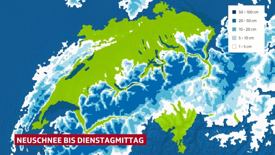 Map of Switzerland with the expected amounts of new snow up to Tuesday noon