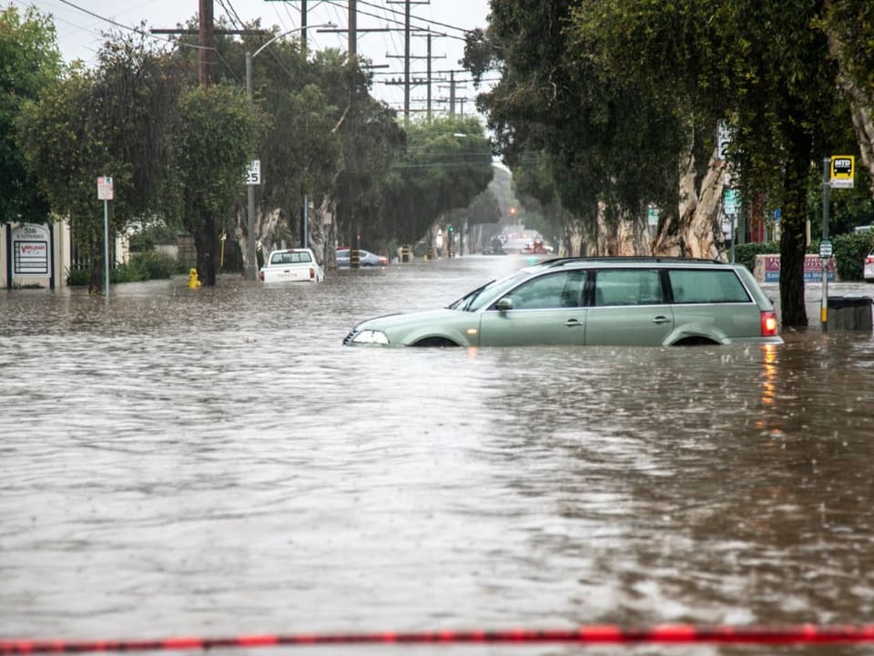 A street lined with Mediterranean trees is under water, in the foreground is an abandoned car.