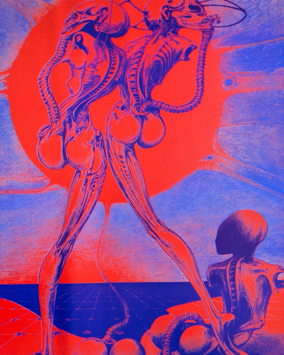 Two blue, one-legged figures standing in a bright orange-red fireball.