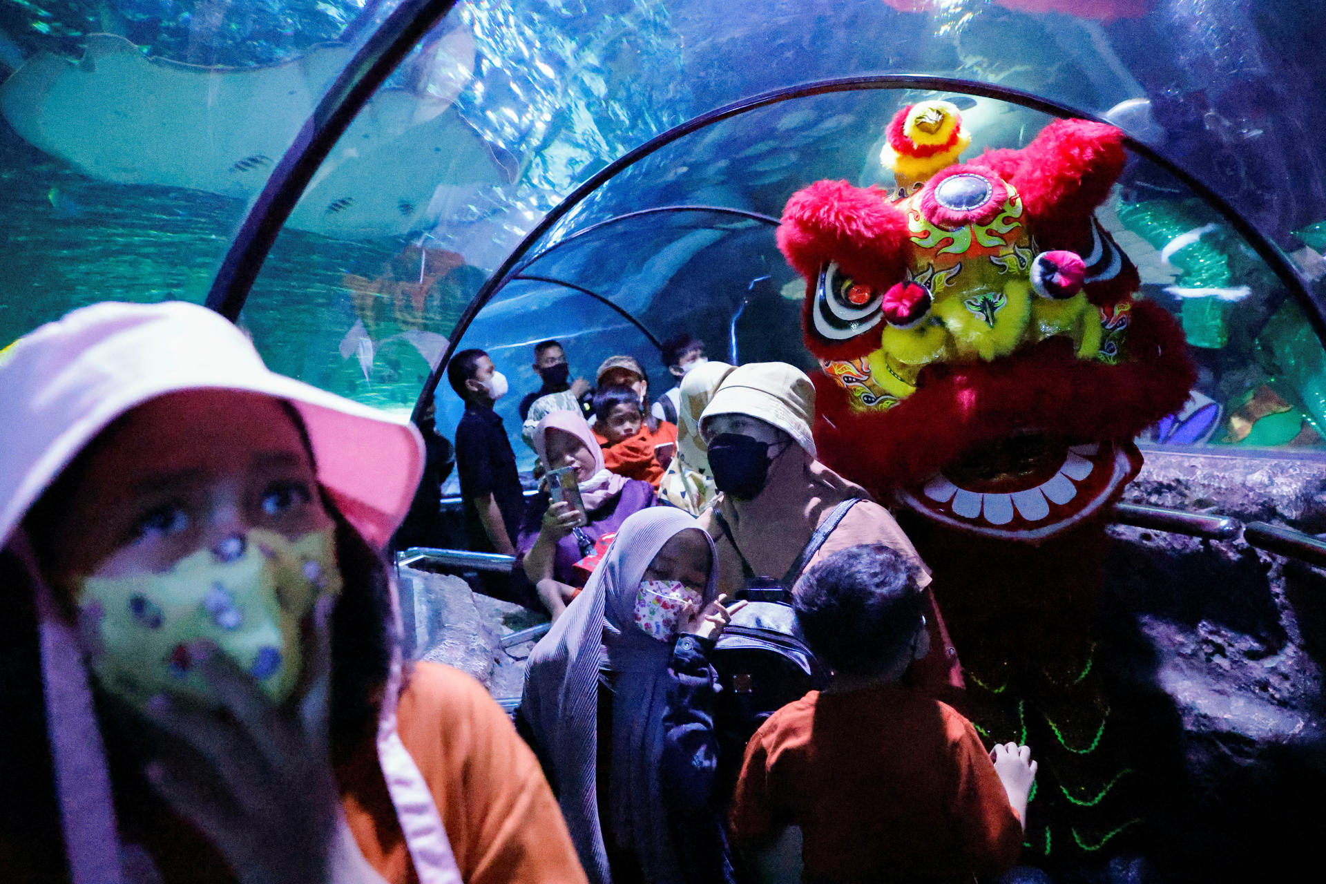 Visitors watch a lion dance performance at the Sea World Ancol aquarium ahead of the new year in Jakarta, Indonesia, January 18, 2023.