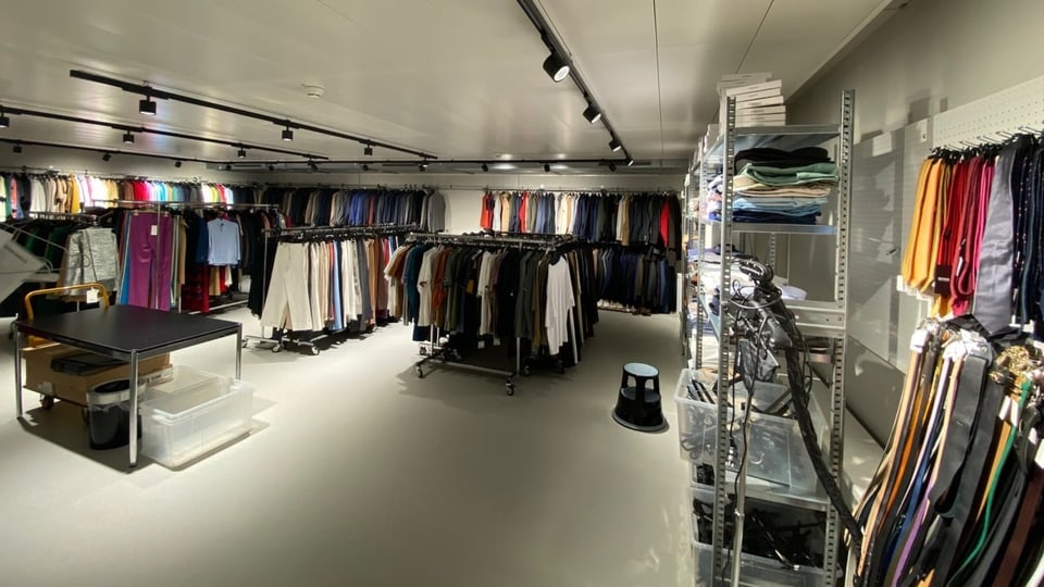 The SRF showroom, with clothes rails and countless items of clothing.