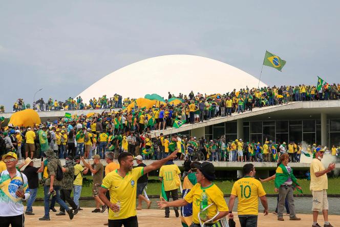 Supporters of former Brazilian President Jair Bolsonaro invade Congress in Brasilia on January 8, 2023.