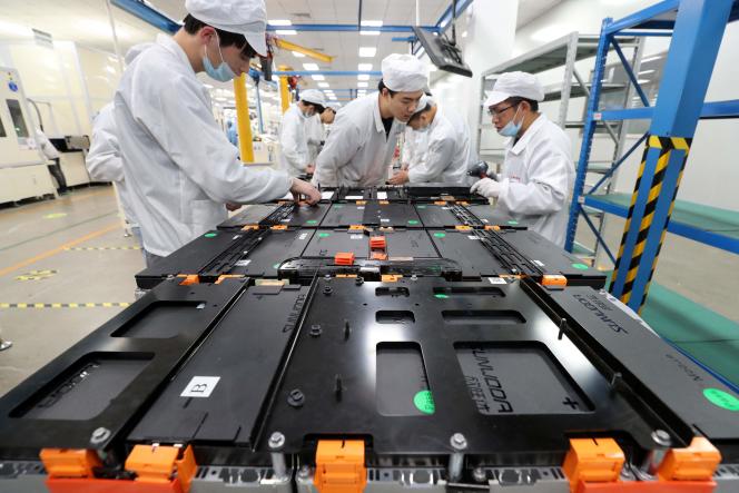 A lithium battery factory of Xinwangda Electric Vehicle Battery Company on March 1, 2021 in Nanjing, China.