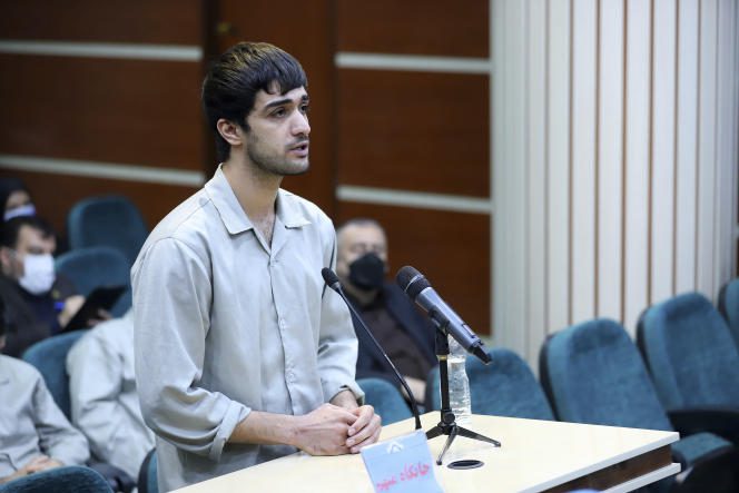 Mohammad Mehdi Karami, a 22-year-old Iranian protester, was hanged on Saturday January 7.  Here during his trial, in Karaj, Iran, on November 30, 2022. 