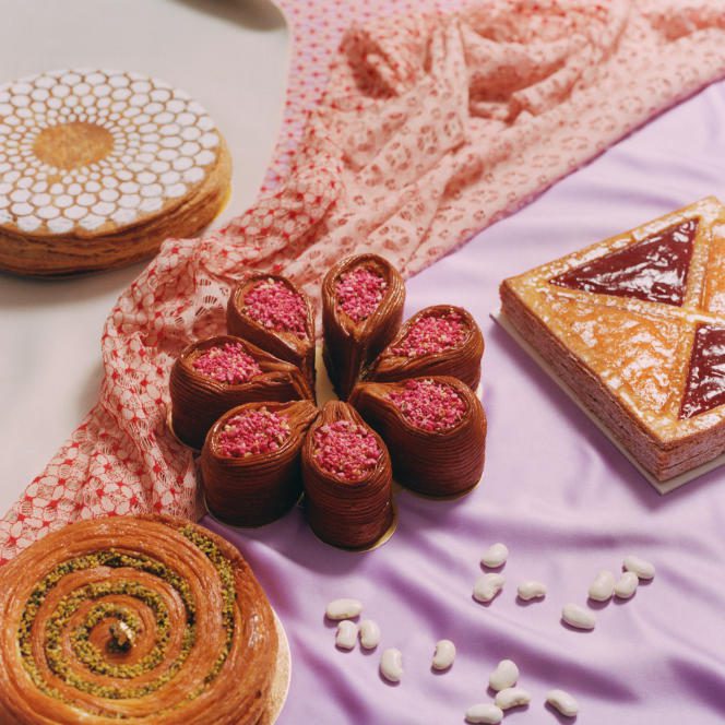 From left to right and from top to bottom, galette des rois frangipane flavored with rum and decorated with icing sugar by Philippe Conticini, €44 for 6 people.  philippeconticini.fr;  Galette des Rois Shangri-La Paris x Persée Paris, limited edition, €72 for 6-7 people.  shangri-la.com;  Galette des rois Evok by Yann Brys, €52 for 6 people.  yannbrys.fr;  Maison Ladurée pistachio galette, €45 for 6 people.  laduree.fr
