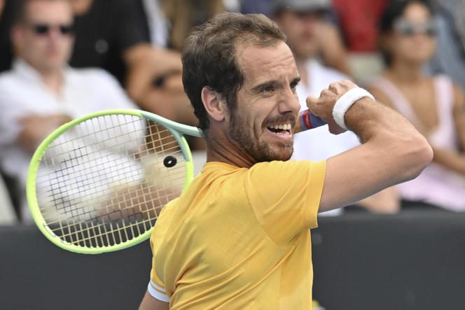 Richard Gasquet plays a return against Britain's Cameron Norrie in the men's singles final of the ASB Classic in Auckland, New Zealand, Saturday January 14, 2023.