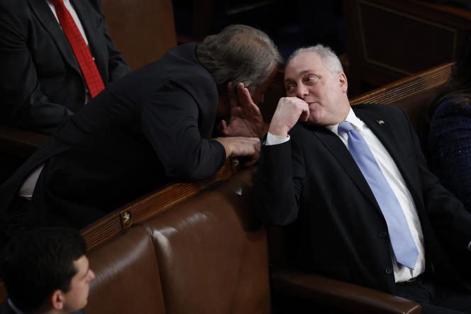 Steve Scalise, Republican House Majority Leader and only alternative to the candidacy of Kevin McCarthy, chats with his colleague Andy Biggs (elected from Arizona) in the House of Representatives, January 5, 2023. 