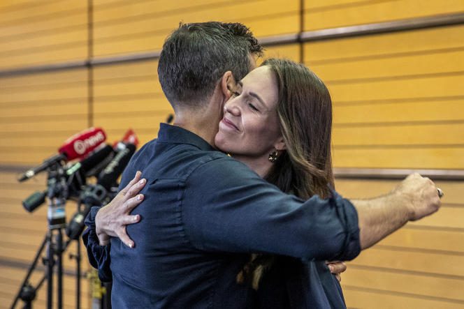 Jacinda Ardern, with her fiancé Clark Gayford, after the announcement of her resignation as prime minister, in Napier, New Zealand, January 19, 2023.