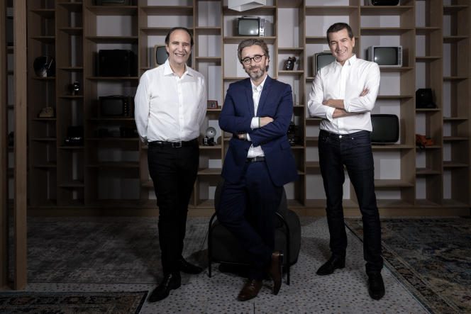 Xavier Niel, Pierre-Antoine Capton and Matthieu Pigasse, co-founders of the Mediawan media group, in Paris, June 19, 2020. 