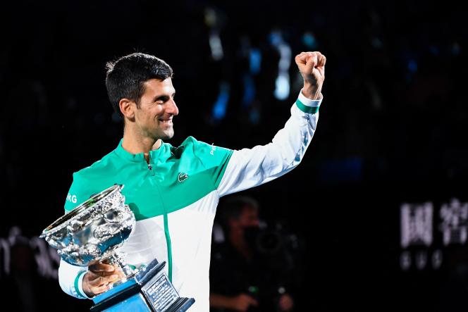 Novak Djokovic during the celebration of his ninth Australian Open title, on February 21, 2021, in Melbourne.