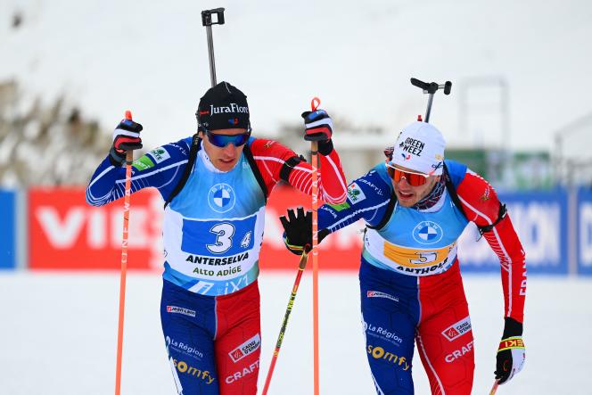 Quentin Fillon Maillet and Emilien Jacquelin during the men's relay at Antholz-Anterselva, Sunday January 22.