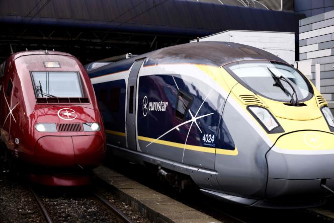 This photograph shows the new logo of the Eurotar group on a Thalys and Eurostar train, at Brussels-Midi station, Tuesday January 24, 2023. 