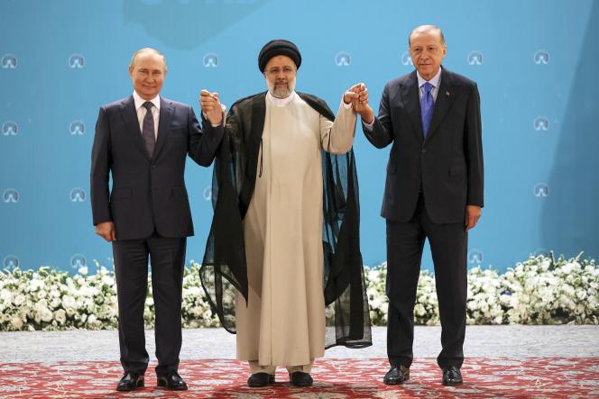 Russian President Vladimir Putin, left, his Iranian counterpart Ebrahim Raisi, center, and Turkish President Recep Tayyip Erdogan, right, on July 19, 2022 in Tehran.