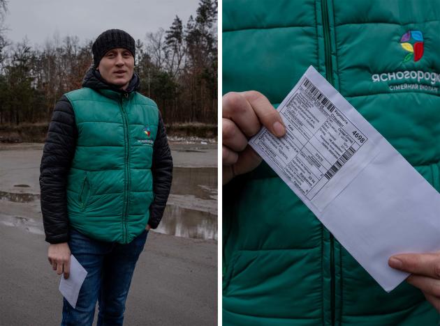Oleksander, 34, head of the guards at an ostrich park, collects a letter from the park's lawyers regarding insurance and reconstruction after the Russian occupation, in Yasnohorodka, Ukraine, January 6, 2023.